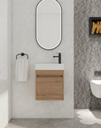 Front view styling of 18" wall mount bathroom sink vanity highlighting floating design and compact proportions | Ace Decor