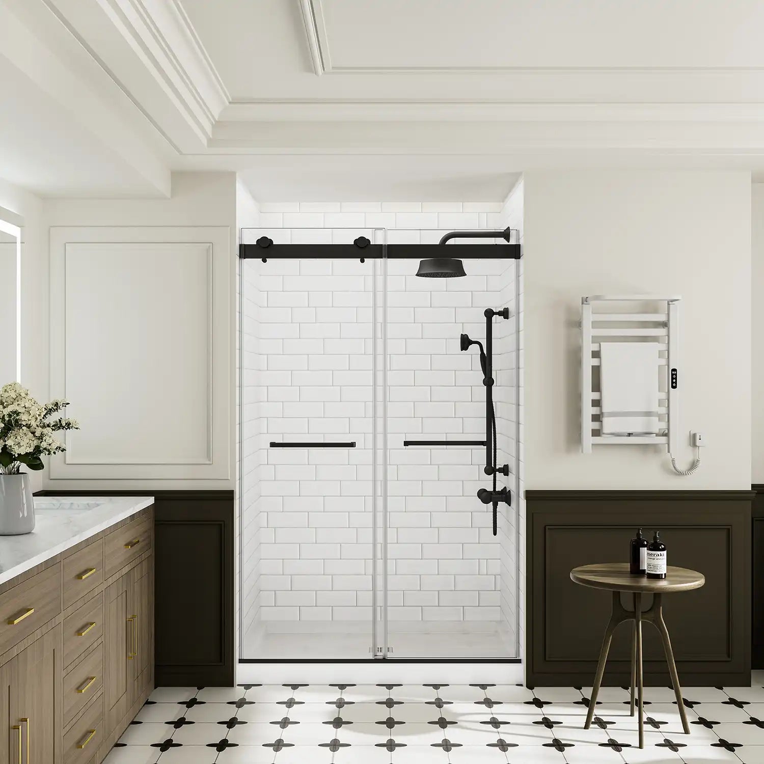 Front view of matte black sliding shower door, frameless 48 x 74 | Ace Decor