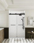 Front view of matte black sliding shower door, frameless 48 x 74 | Ace Decor