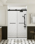 Front view of matte black sliding shower door, frameless 48 x 74 | Ace Decor