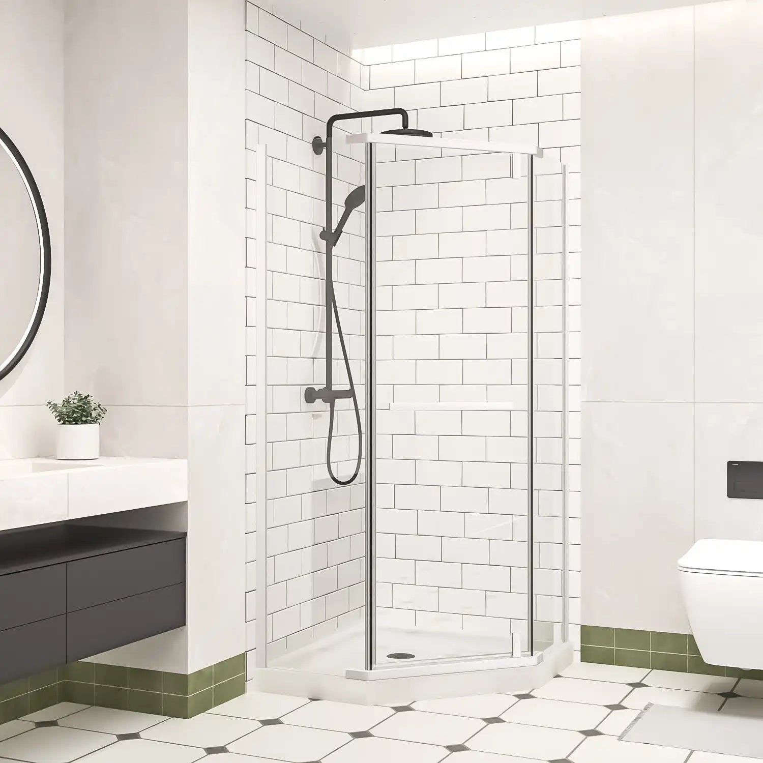 36" x 36" x 72" semi-frameless corner angle shower side view in matte white finish | Ace Decor