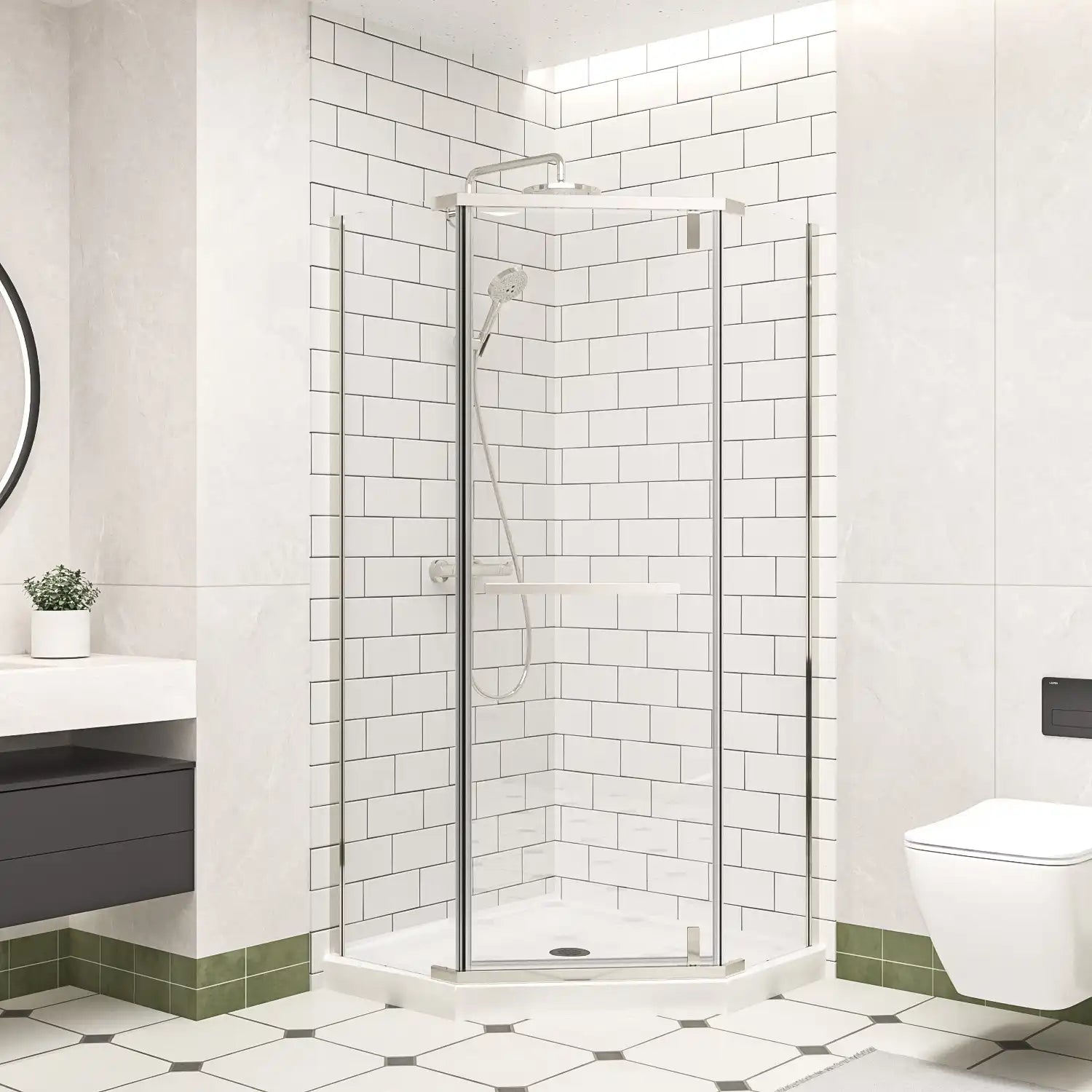 36" x 36" x 72" semi-frameless corner shower enclosure in modern bathroom, frameless corner shower enclosures scene rendering | Ace Decor