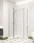 36" x 36" x 72" semi-frameless corner shower enclosure in modern bathroom, frameless corner shower enclosures scene rendering | Ace Decor