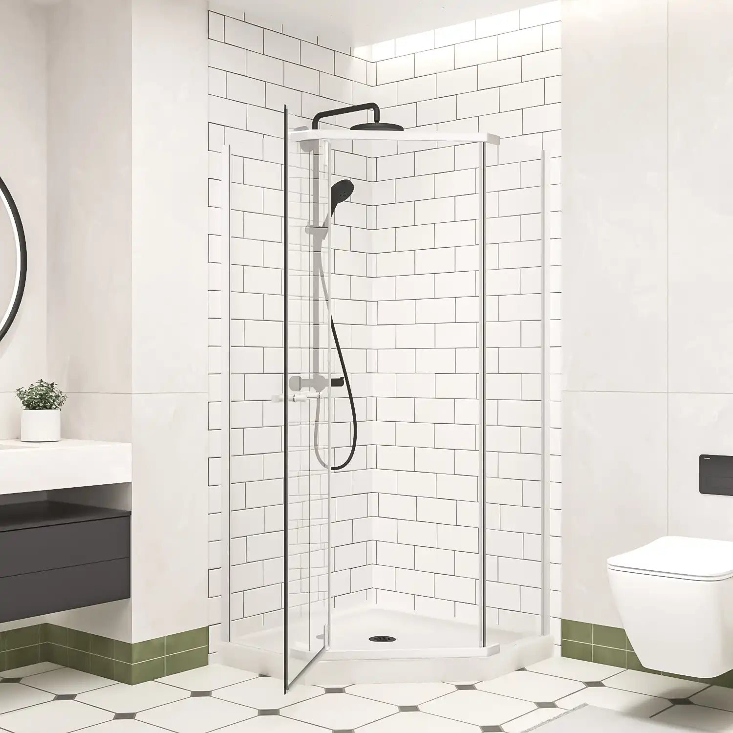 36" x 36" x 72" semi-frameless corner angle shower with door open in matte white finish | Ace Decor