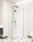 36" x 36" x 72" semi-frameless corner angle shower with door open in matte white finish | Ace Decor