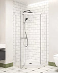 36" x 36" x 72" semi-frameless corner angle shower with door open in matte white finish.