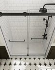 Top view of soft close sliding shower doors frameless design in matte black, size 60 x 74, installed in a tiled bathroom | Ace Decor