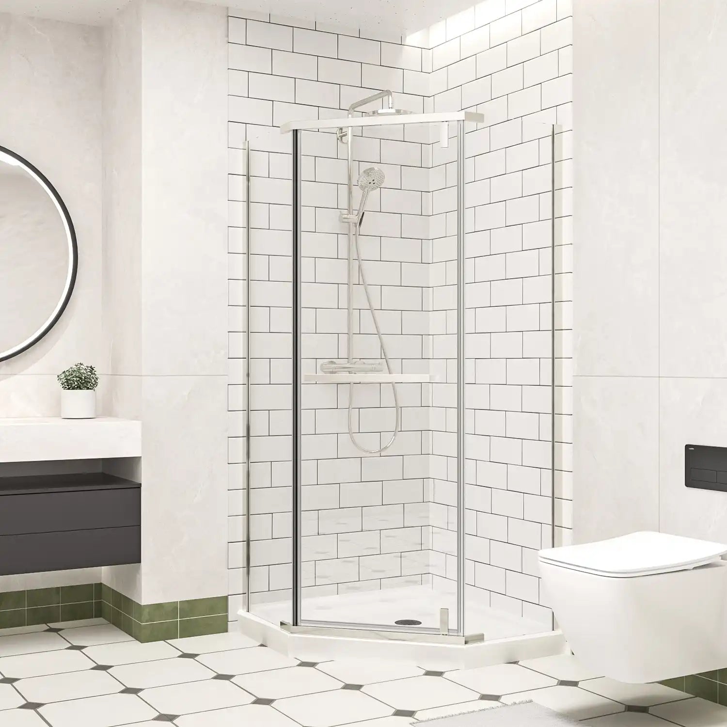 36" x 36" x 72" semi-frameless corner shower enclosure side view, modern frameless corner shower enclosures bathroom design | Ace Decor