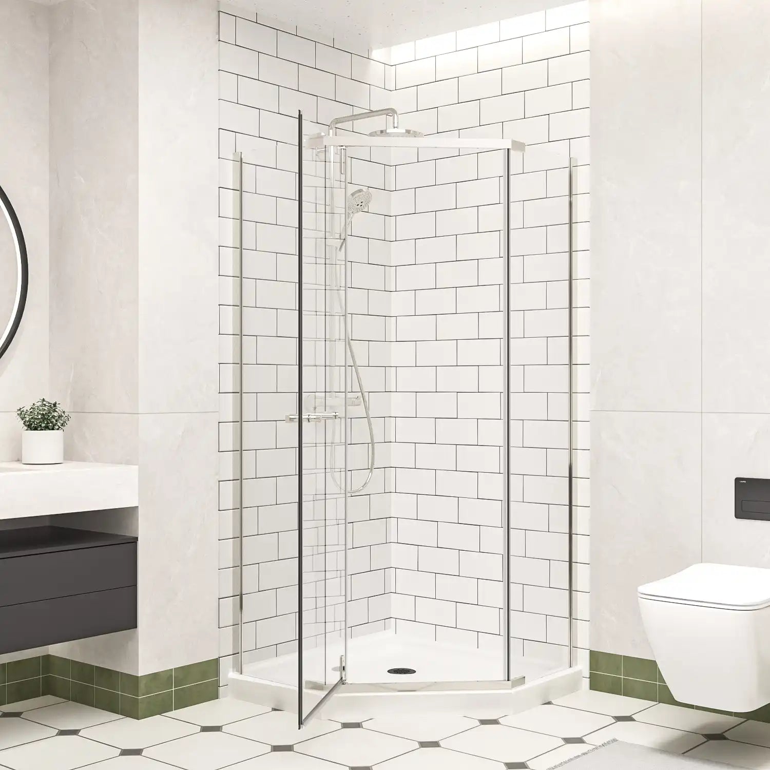 36" x 36" x 72" semi-frameless corner shower enclosure open door view, modern frameless corner shower enclosures bathroom design | Ace Decor