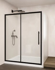 Angled view of Brivio Series matte black framed sliding shower door in modern bathroom.