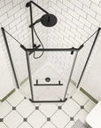 Top view of the Velora Series matte black semi-frameless shower enclosure in a modern bathroom.
