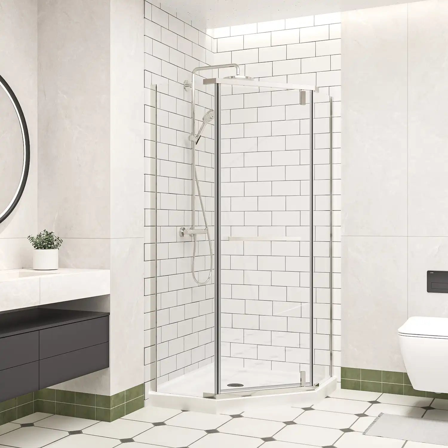 36" x 36" x 72" semi-frameless corner shower enclosure side view, modern frameless corner shower enclosures bathroom interior | Ace Decor