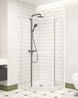 36" x 36" x 72" semi-frameless corner angle shower in matte white finish, modern bathroom setting | Ace Decor