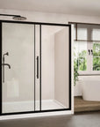 Brivio Series black framed sliding shower door with open entry in modern bathroom.