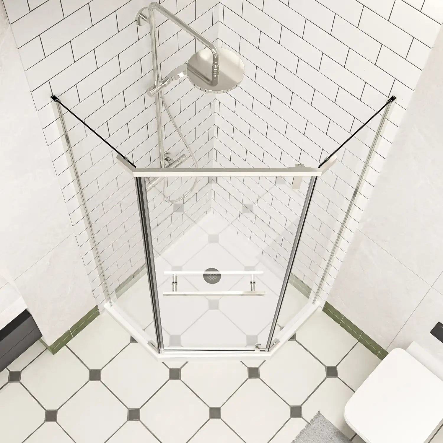 36" x 36" x 72" semi-frameless corner shower enclosure top view, modern frameless corner shower enclosures bathroom layout | Ace Decor