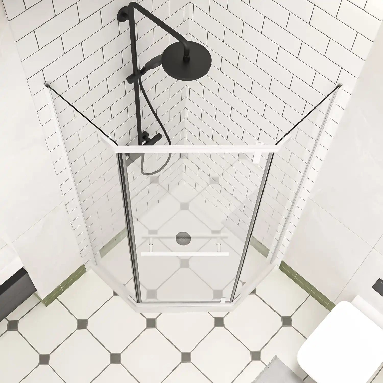 36" x 36" x 72" semi-frameless corner angle shower top view in matte white finish | Ace Decor
