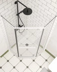 36" x 36" x 72" semi-frameless corner angle shower top view in matte white finish.