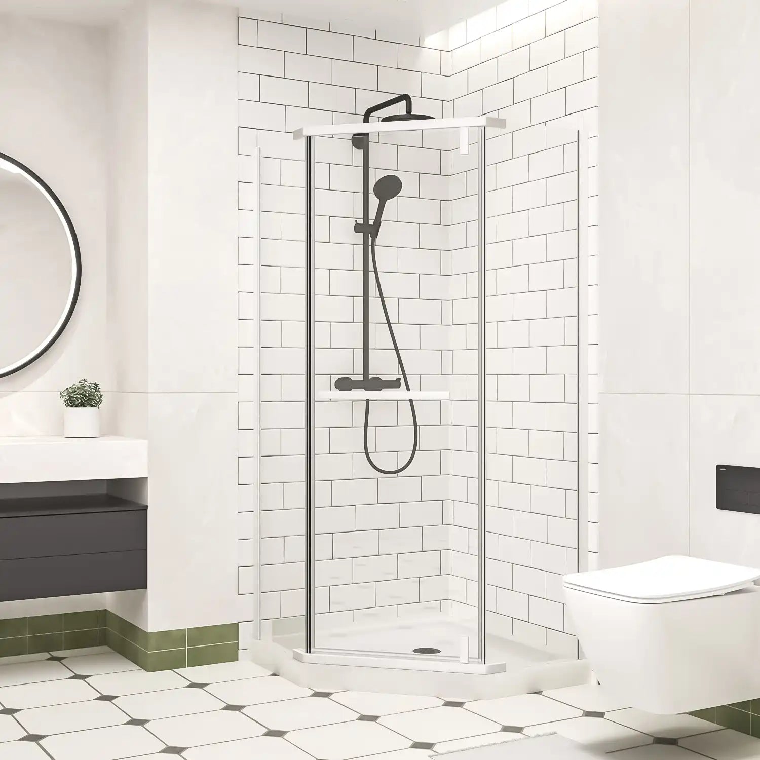 36" x 36" x 72" semi-frameless corner angle shower side view in matte white finish | Ace Decor