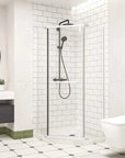 36" x 36" x 72" semi-frameless corner angle shower side view in matte white finish | Ace Decor
