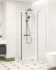 36" x 36" x 72" semi-frameless corner angle shower side view in matte white finish.