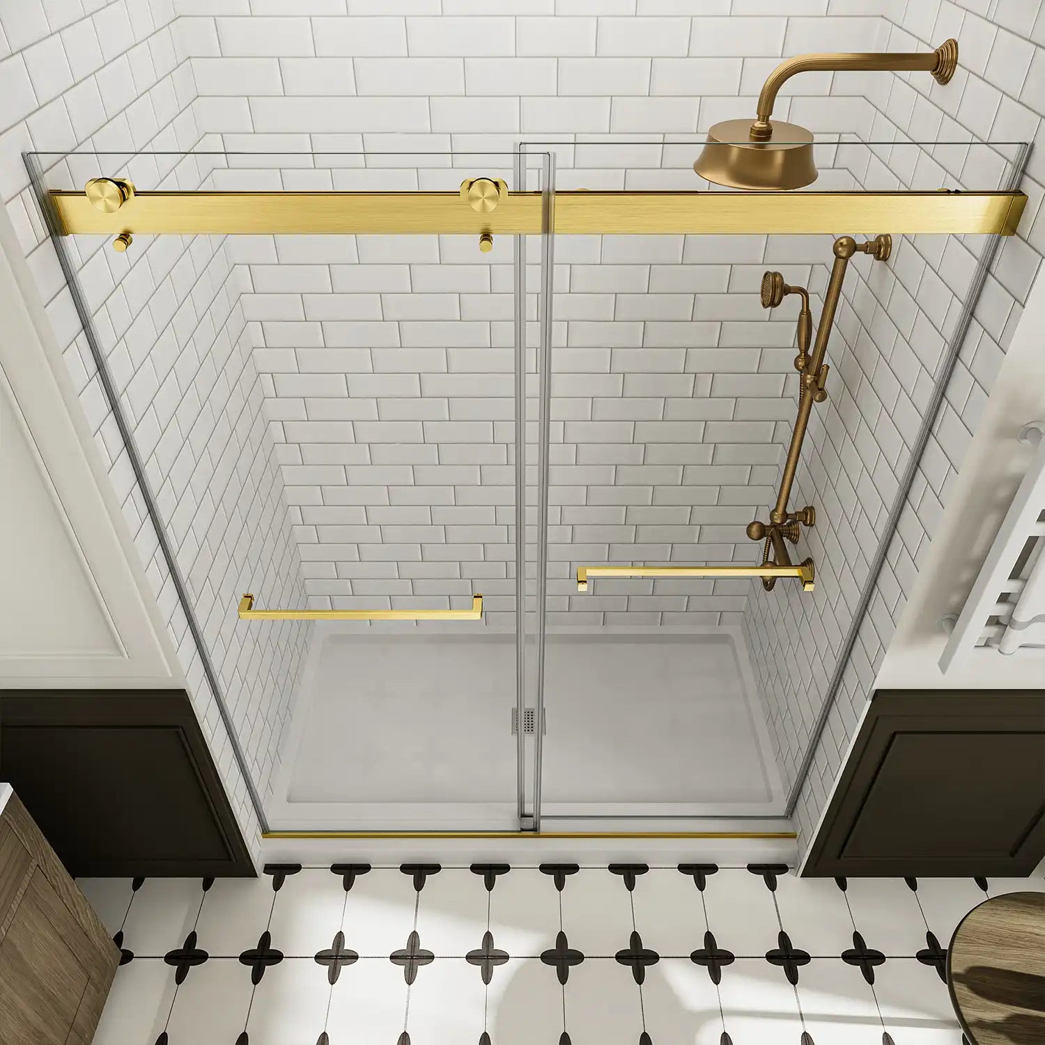 Top view of frameless shower door 60 x 74 with gold hardware in tiled bathroom | Ace Decor