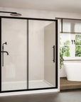 Brivio Series black framed sliding shower door in contemporary walk-in shower bathroom with bathtub.