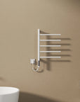 White Orven Series towel rack heater 16 x 27 mounted on bathroom wall with modern minimalist design | Ace Decor