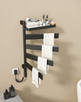 black heated towel rack 18 x 30 with rotating bars and towels | Ace Decor