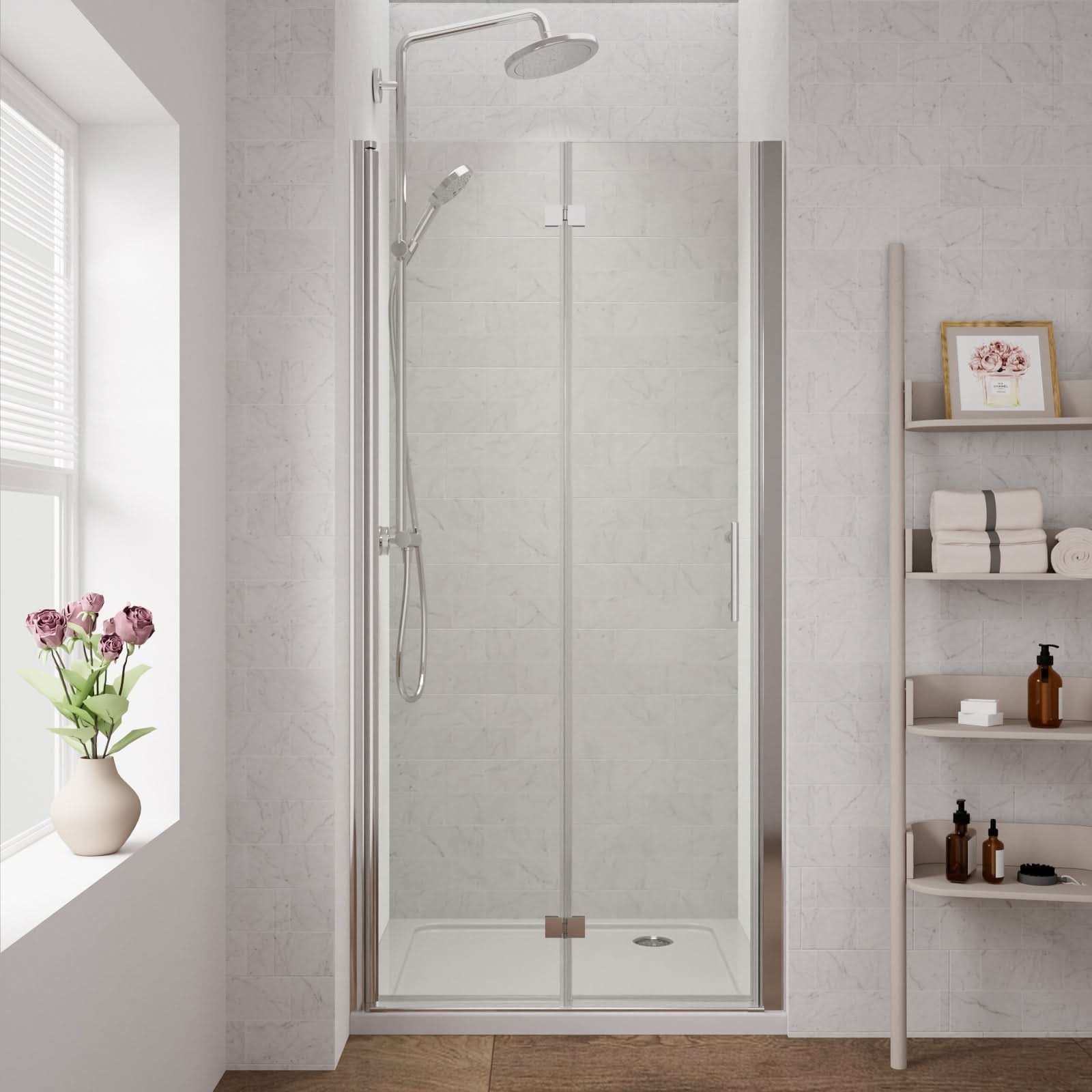 chrome frameless bi-fold shower glass door