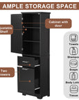 Black Valmor 68.1" Bathroom Linen Cabinet with two adjustable shelves and two drawers—ample storage space.