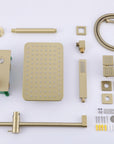 Complete Luxe Series thermostatic shower system set with digital control panel, body jets, rainfall head, handheld shower head and accessories