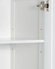 Interior adjustable shelf feature inside white bathroom linen cabinet, allowing customized storage height.