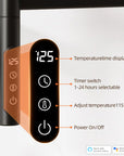 Close-up of LED touchscreen showing temperature and timer controls on Velin black electric towel warmer for bathroom.