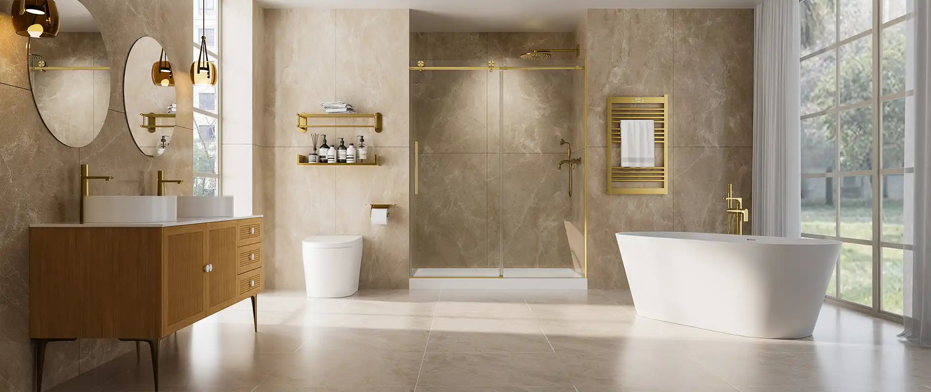 Golden Serenity bathroom with freestanding tub, golden fixtures, gold frameless shower door and beige marble walls creating an elegant spa-like retreat.