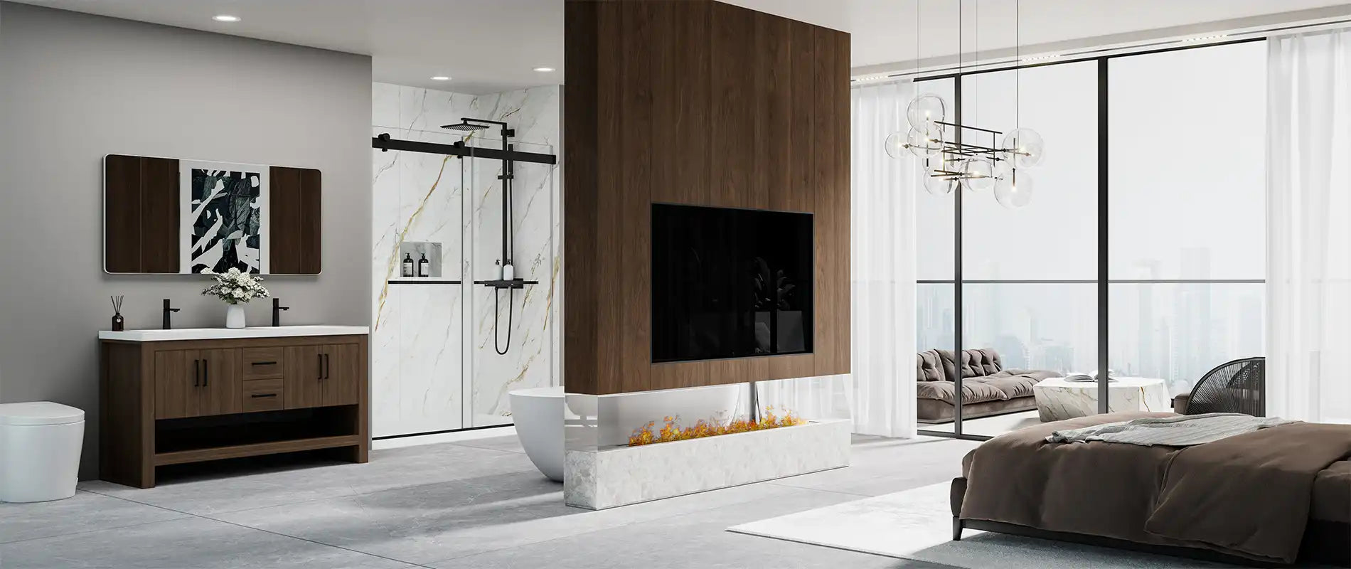 Sleek Sanctuary open-plan bedroom and bathroom with floor-to-ceiling windows, freestanding tub, black shower system and modern neutral-toned design.