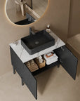 30 inch black bathroom vanity with spacious interior storage in modern bathroom.