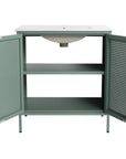 Open cabinet interior of mint green 30 inch bathroom vanity with adjustable shelf.