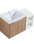 36 inch oak finish bathroom vanity with integrated resin sink and side open shelf, angled view.
