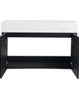 36 inch wall mounted bathroom vanity with open cabinet doors showign ample storage space.