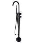 Modern Freestanding Black Tub Faucet with Handheld Shower, floor mounted design offering sleek style and dual function use.