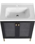 28" freestanding vanity with ceramic sink and reeded acrylic cabient doors, front top view.