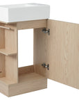 18.6" oak finish bathroom vanity with open cabinet door and side shelf | Ace Decor