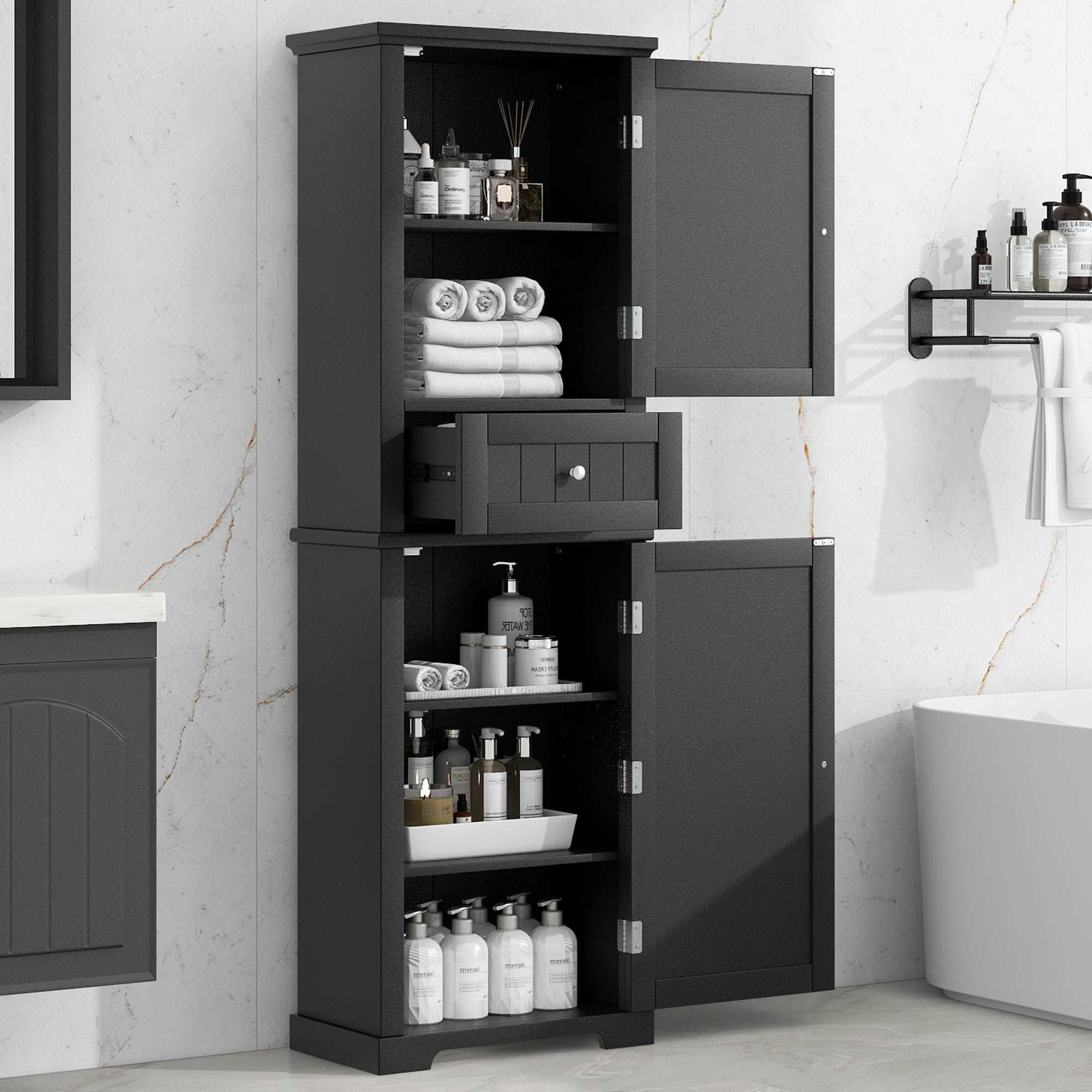Norrin 67.3 inch black tall narrow bathroom storage cabinet with open doors, shelves and drawer.