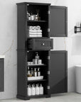 Norrin 67.3 inch black tall narrow bathroom storage cabinet with open doors, shelves and drawer.