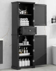 Norrin 67.3 inch black tall narrow bathroom storage cabinet with open doors, shelves and drawer.