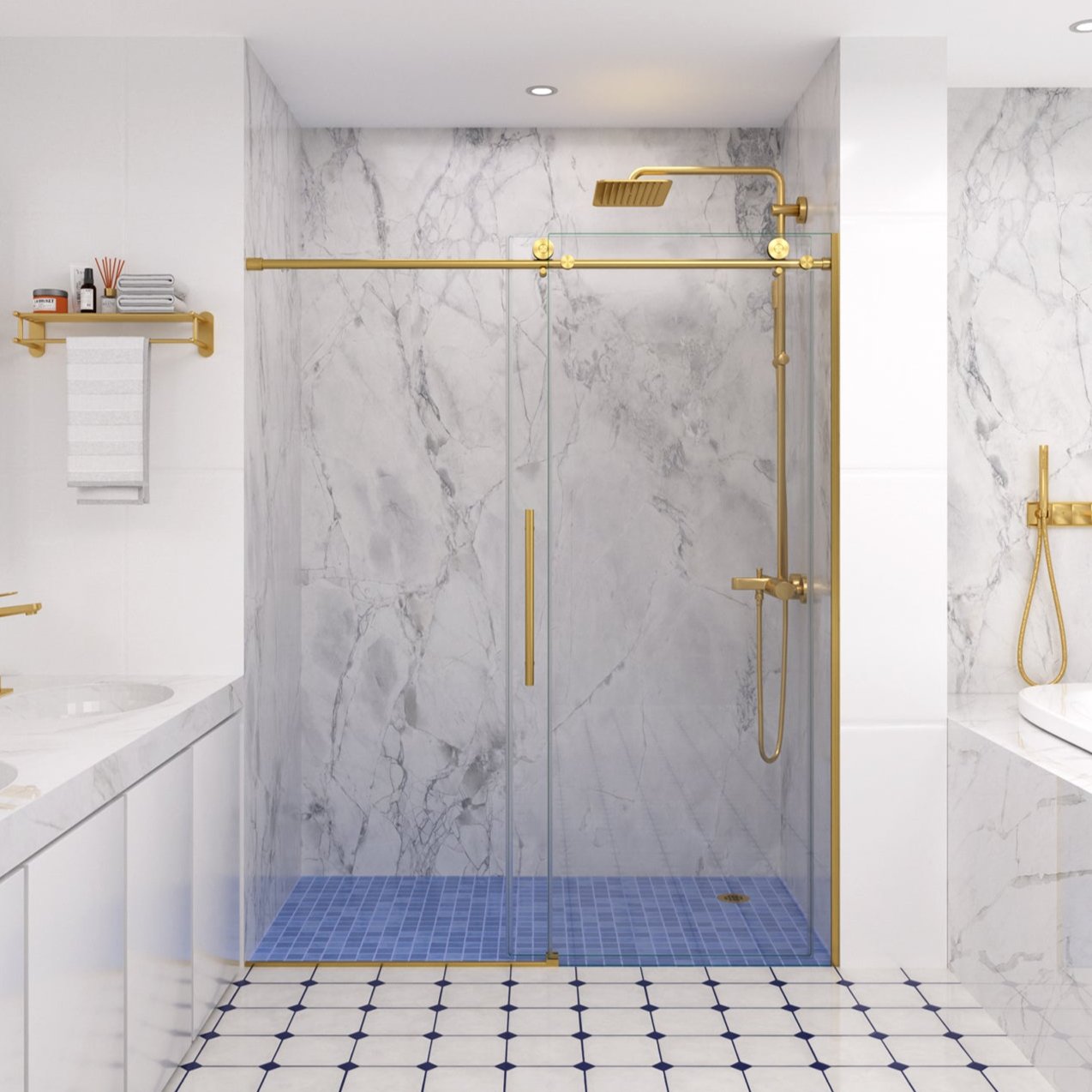 Open view of gold frameless shower door in modern bathroom, size 60 x 74 | Ace Decor