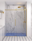 Open view of gold frameless shower door in modern bathroom, size 60 x 74 | Ace Decor