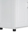 Close-up of sturdy base and support legs on 62-inch freestanding bathroom floor storage cabinet, designed for stability and durability.