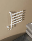 Wall-mounted white heated towel rail radiator with adjustable rotating bars | Ace Decor