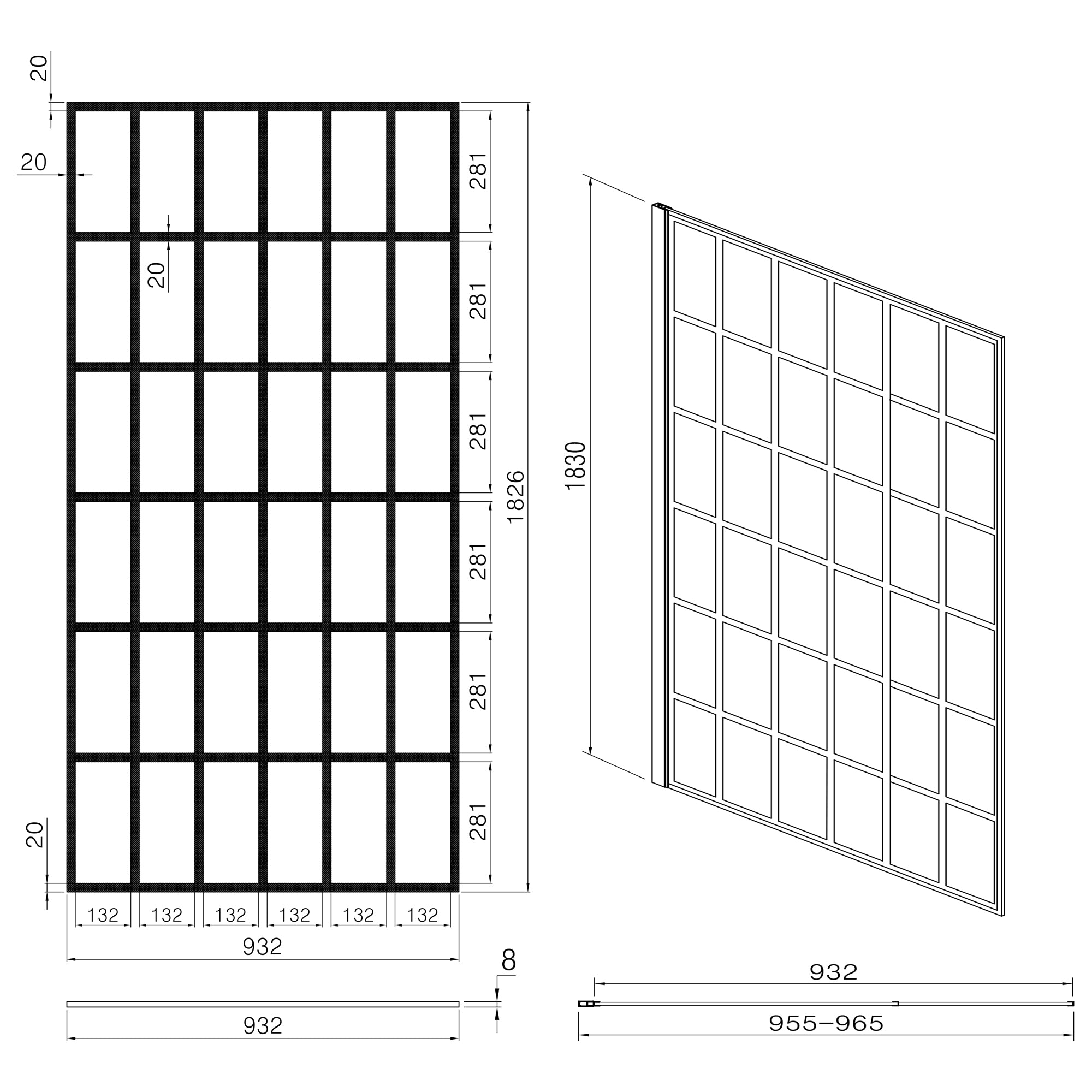 Technical drawing of fixed shower door panel 34 x 72 inch black frame | Ace Decor